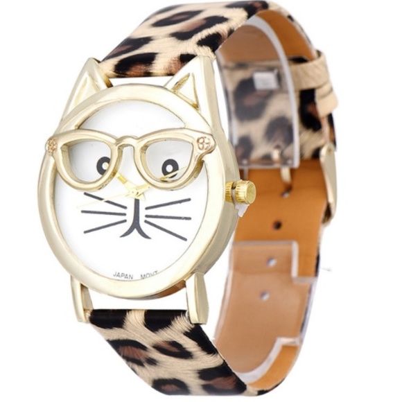 ABBY & GRACE Accessories - Hipster Cat Watch with Glasses & Leopard Band